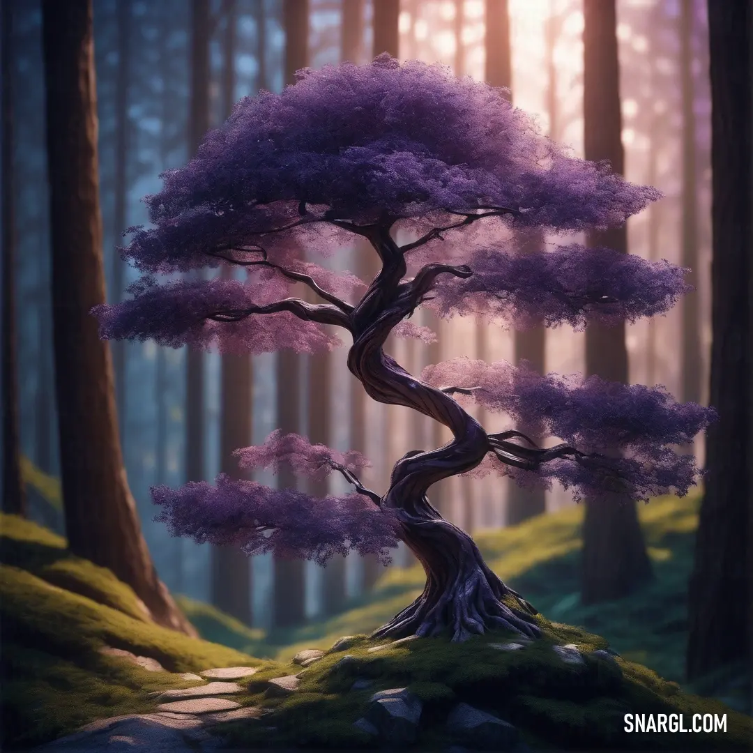 Painting of a purple tree in a forest with mossy ground and rocks on the ground. Example of #522D6A color.