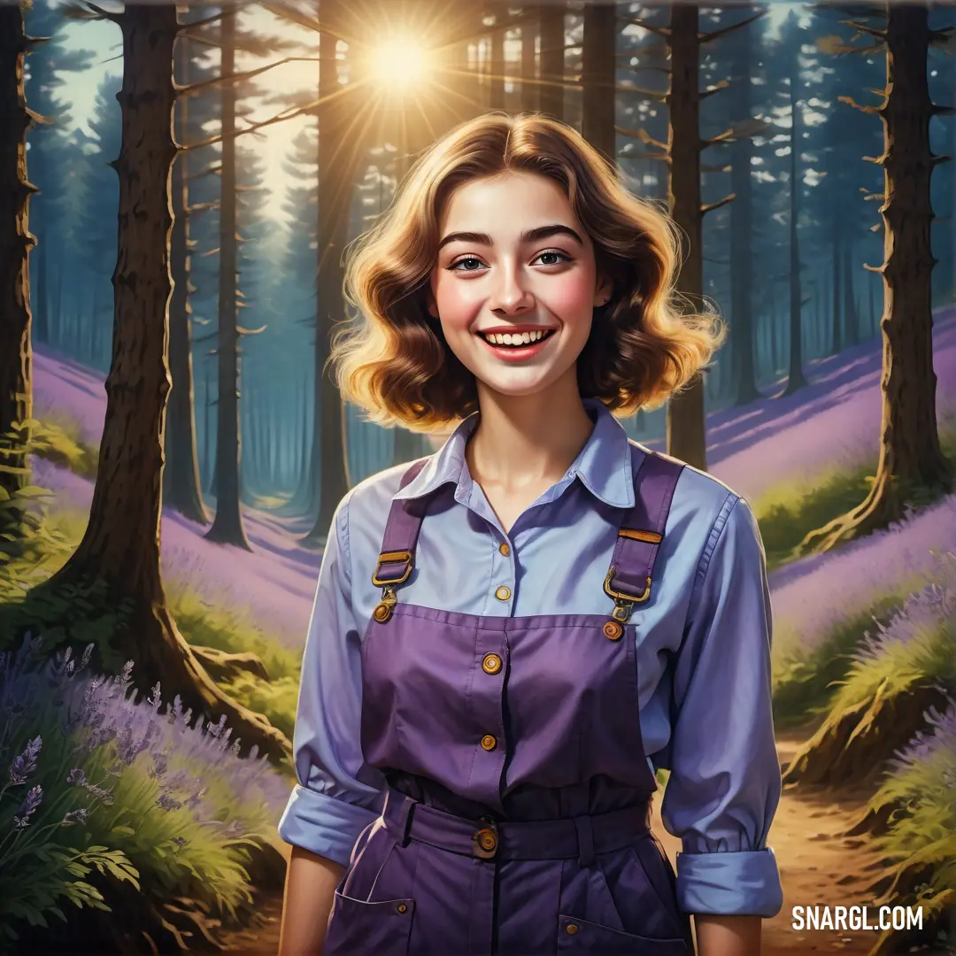 #522D6A color. Painting of a woman in a purple dress in a forest with a sun shining through the trees and a path