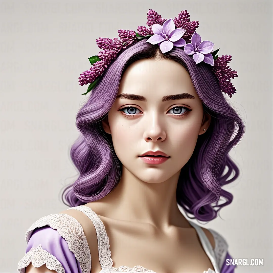 CMYK 80,98,5,27 example: Woman with purple hair and a flower in her hair is wearing a dress