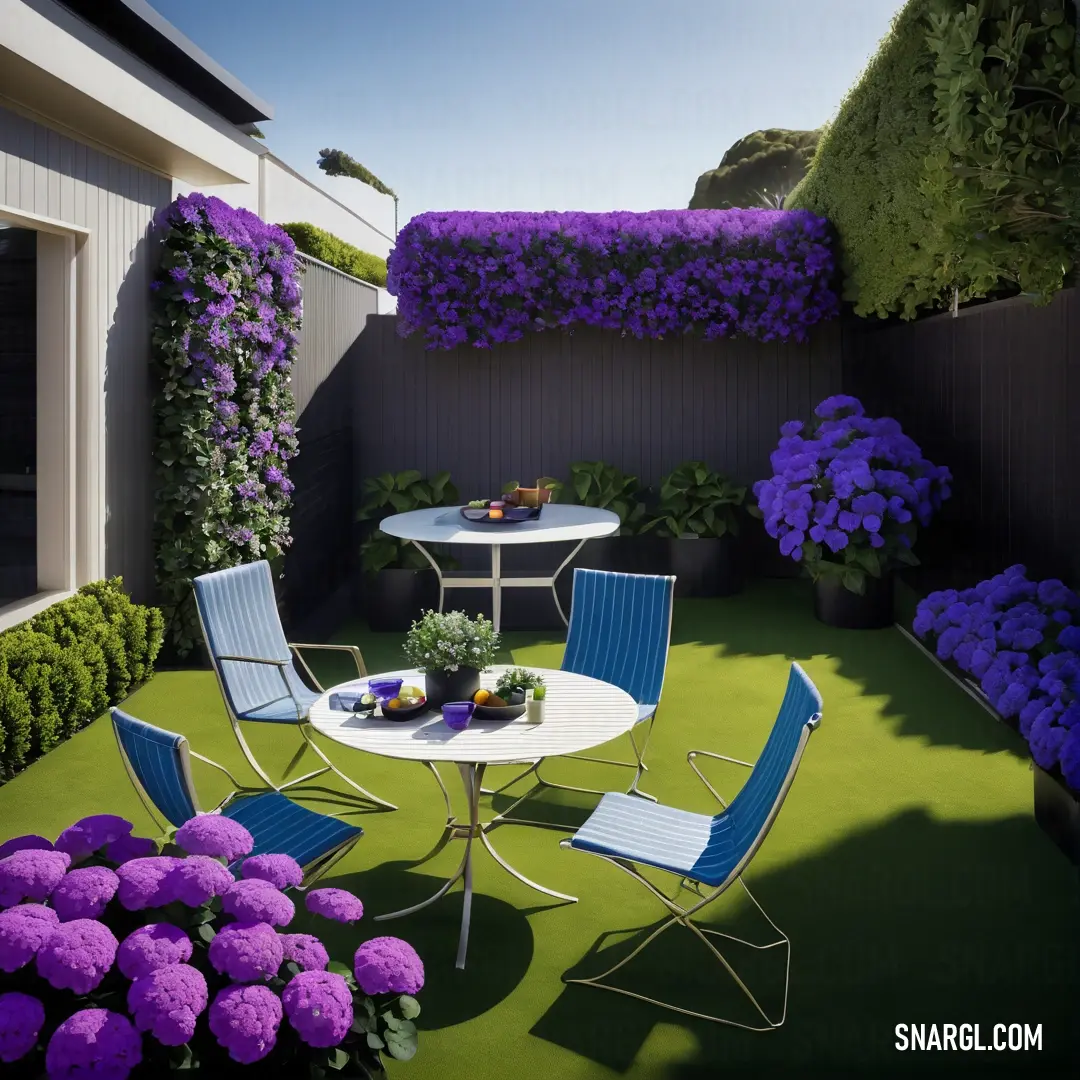 Table and chairs in a small garden with purple flowers on the wall and a fence behind it with a table. Example of PANTONE 2695 color.