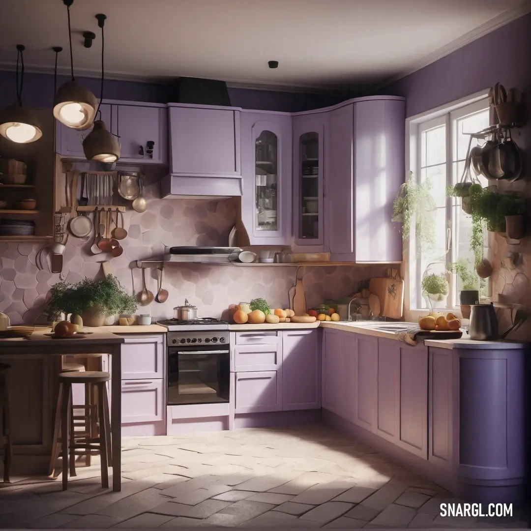 Kitchen with a stove, sink. Color PANTONE 270.