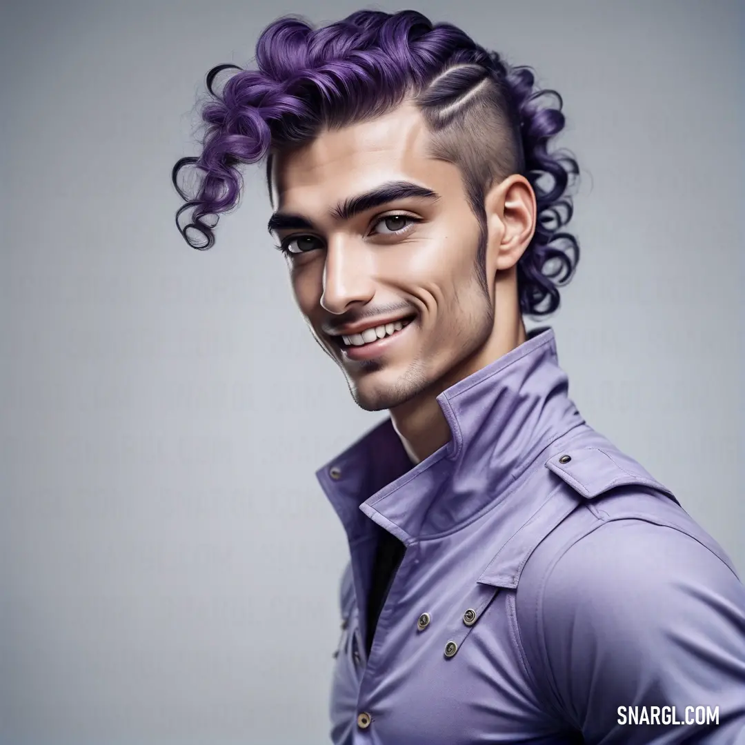 Man with a purple shirt and a purple haircut smiling at the camera with a smile on his face. Example of PANTONE 270 color.
