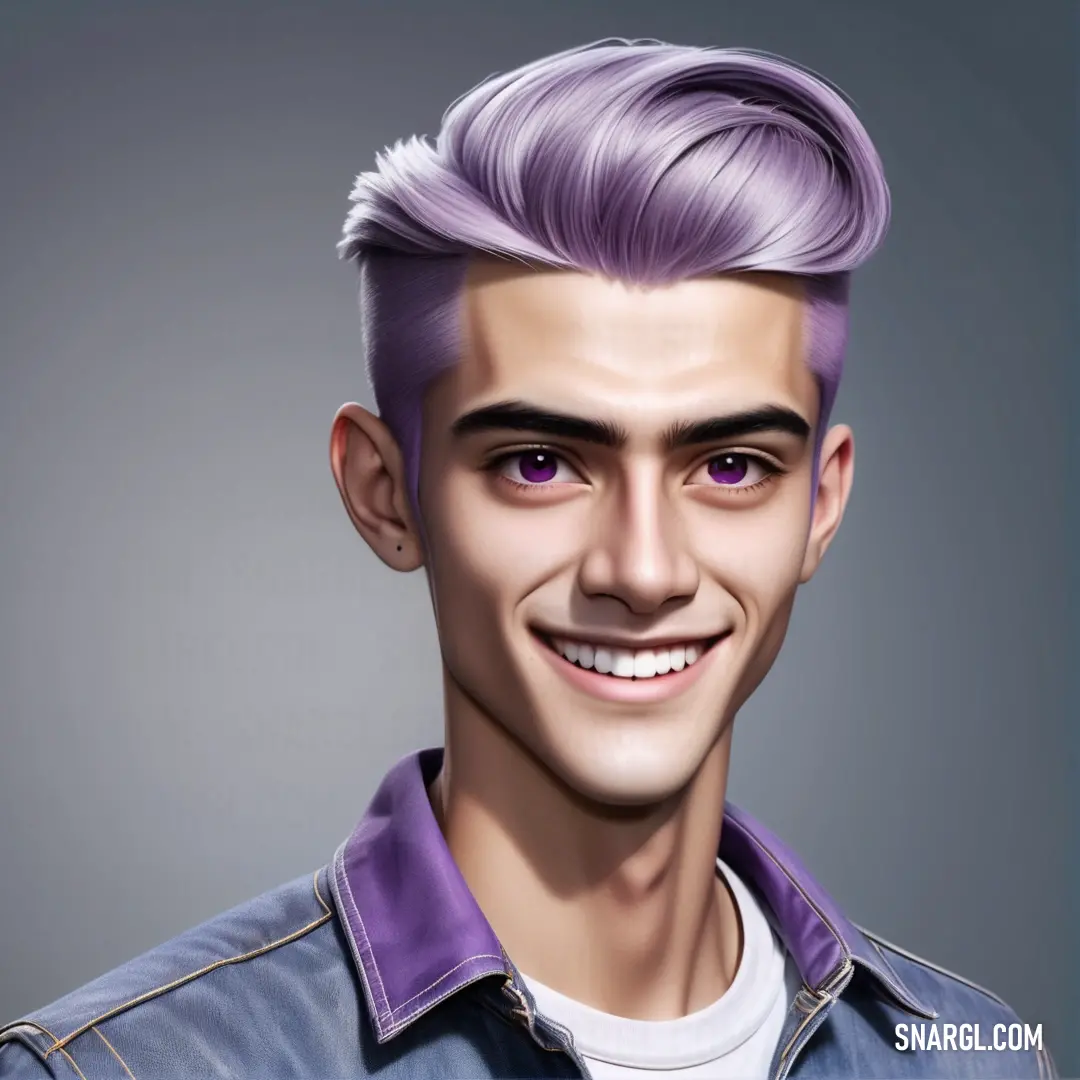 Man with a purple hair and a smile on his face. Example of PANTONE 2705 color.