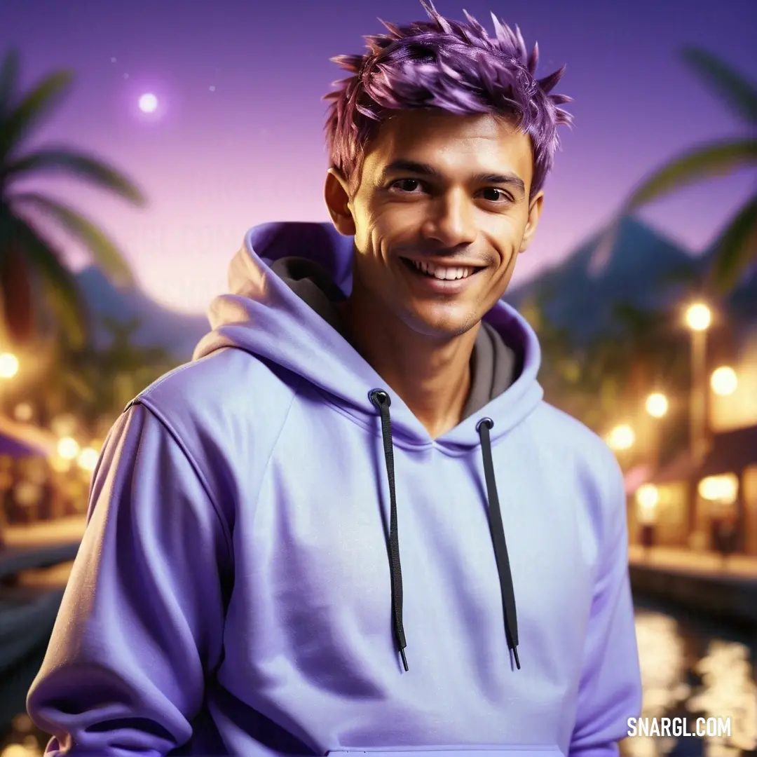 Man with purple hair and a purple hoodie smiling at the camera. Example of CMYK 40,36,0,0 color.