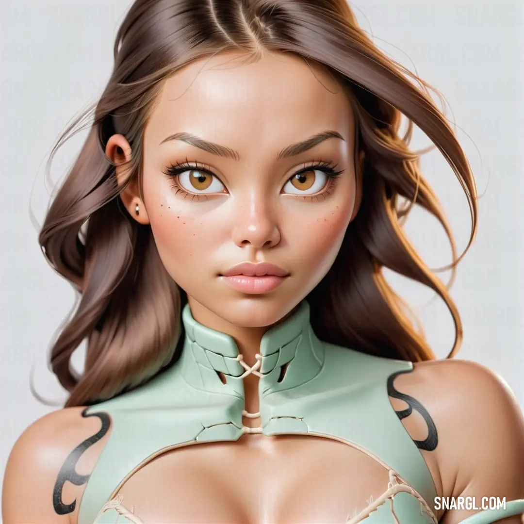 Woman with a bra top and a choker on her chest and a tattoo on her arm and chest. Color #C6D3E9.