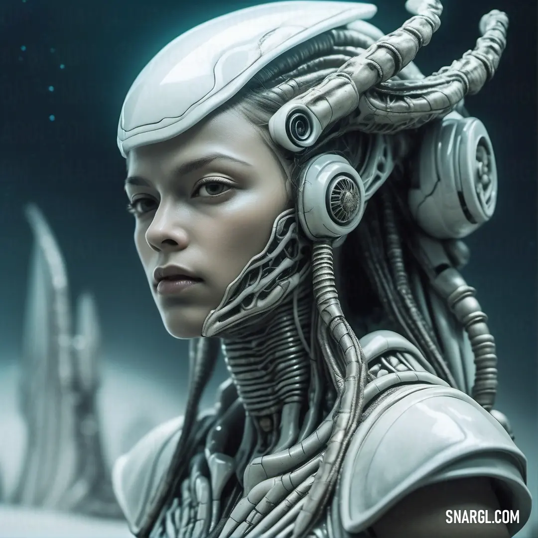 Woman with a futuristic headpiece and a futuristic helmet on her head, with a space background. Example of #C6D3E9 color.