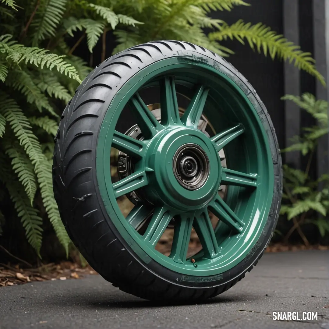 A green wheel mounted on a black tire rests on a sidewalk next to a fern bush and a building with a door. The soft, subtle tones of #C6D8EC bring out the beauty in the scene, emphasizing the contrast of nature and urban life.