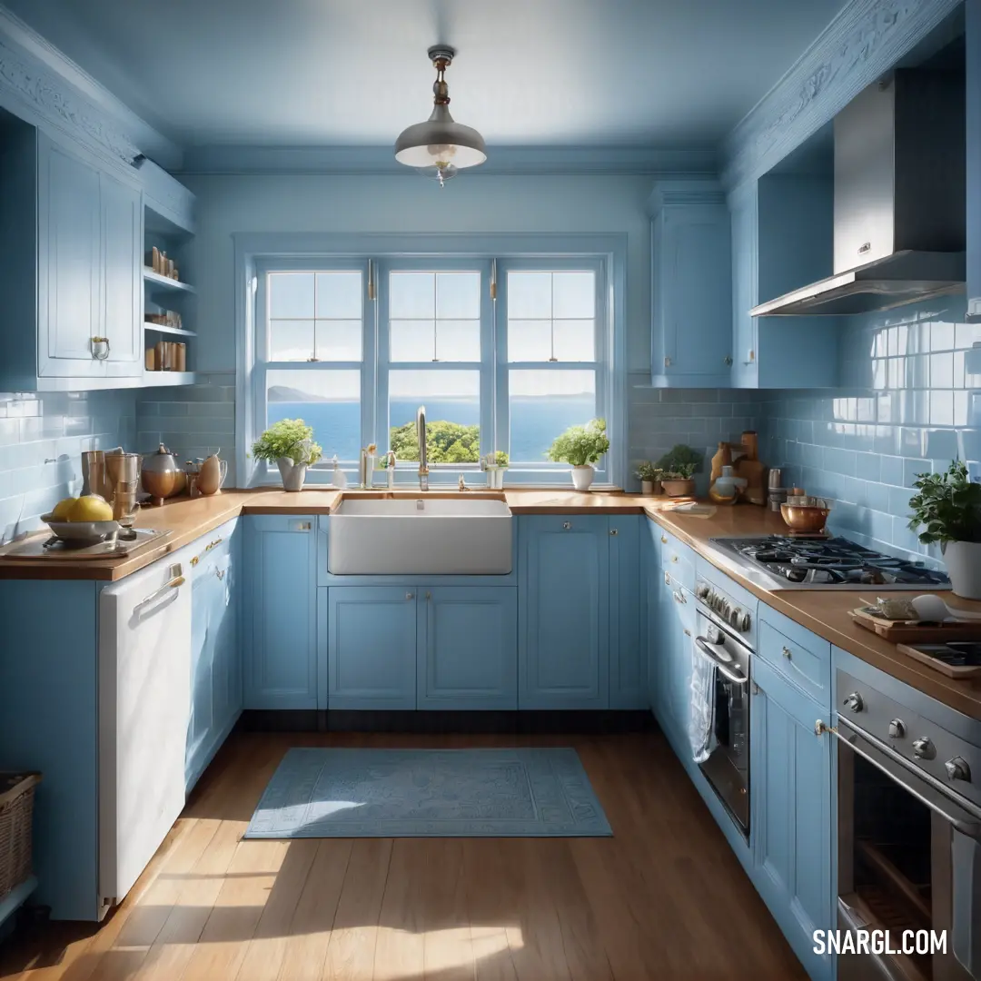 A bright, airy kitchen featuring sleek blue cabinets, a pristine white sink, and a stove top oven. A large window offers a stunning ocean view, blending functionality with scenic beauty for a perfect coastal atmosphere.