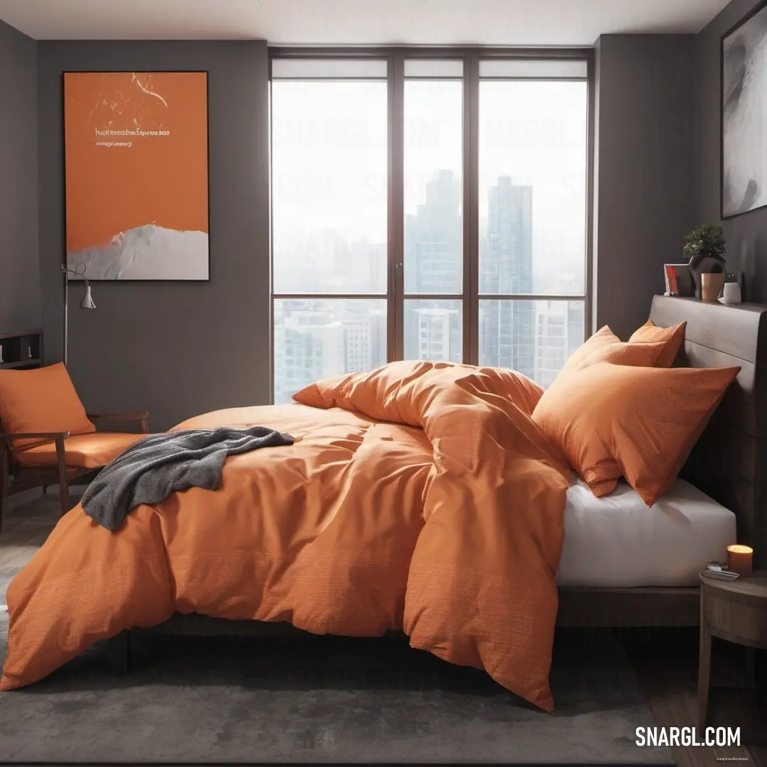 An inviting bedroom with a bed adorned in orange sheets and pillows, offering a pop of color against the city view outside the window and an artwork hanging on the wall. The perfect balance of comfort and style.