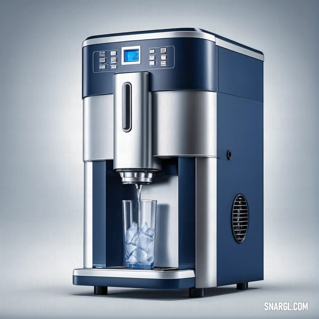 A blue and silver coffee maker sits with a glass of ice in its front, complemented by a matching blue and silver container. The soft tones of #C6D8EC create a sophisticated, yet inviting atmosphere.