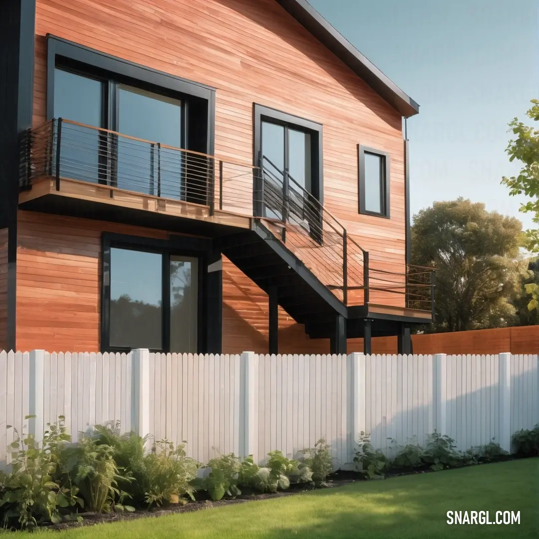 A charming house stands proudly, its white fence framing a lovely wooden deck, bathed in the soft glow of PANTONE 2707 color. The scene exudes warmth and hospitality, inviting passersby to admire its picturesque allure.