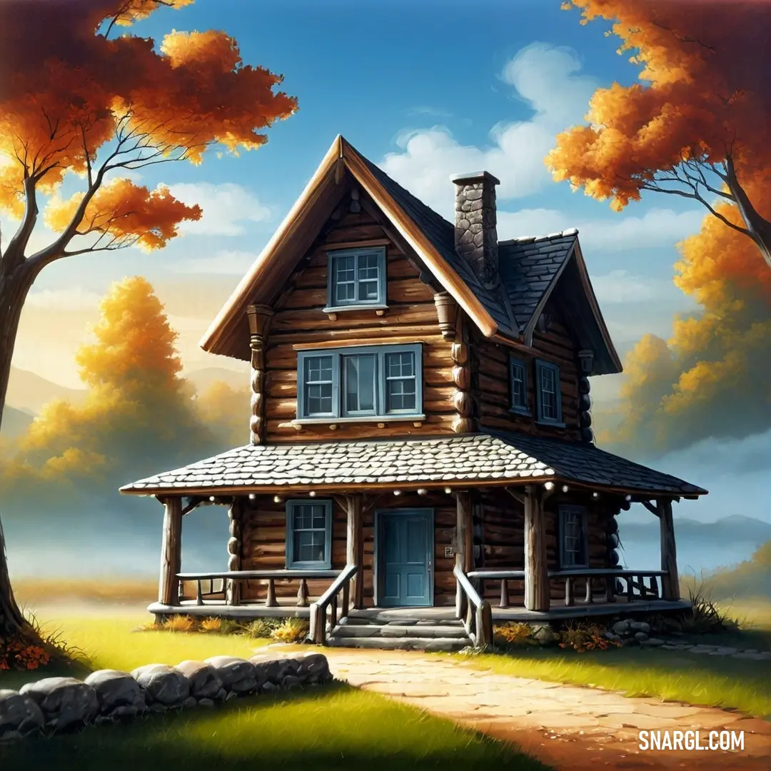 A vibrant painting depicts a quaint log cabin nestled among tall trees, with a charming pathway leading to its warm embrace. The color #C6D8EC envelops the scene in serenity, inviting viewers into a peaceful woodland retreat.