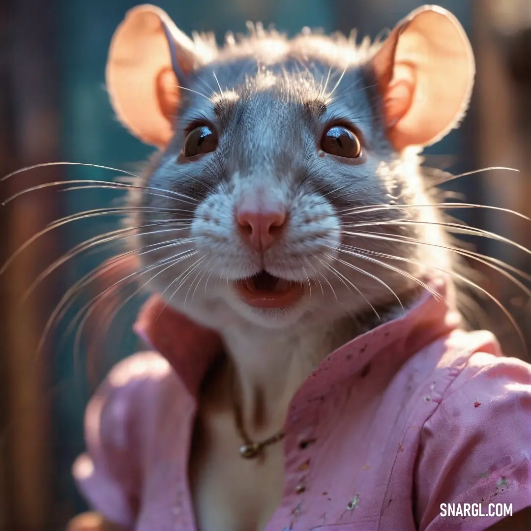 A charming rat dressed in a vibrant pink shirt and adorned with a fashionable necklace, standing out against a playful backdrop that showcases its distinctive personality and style.