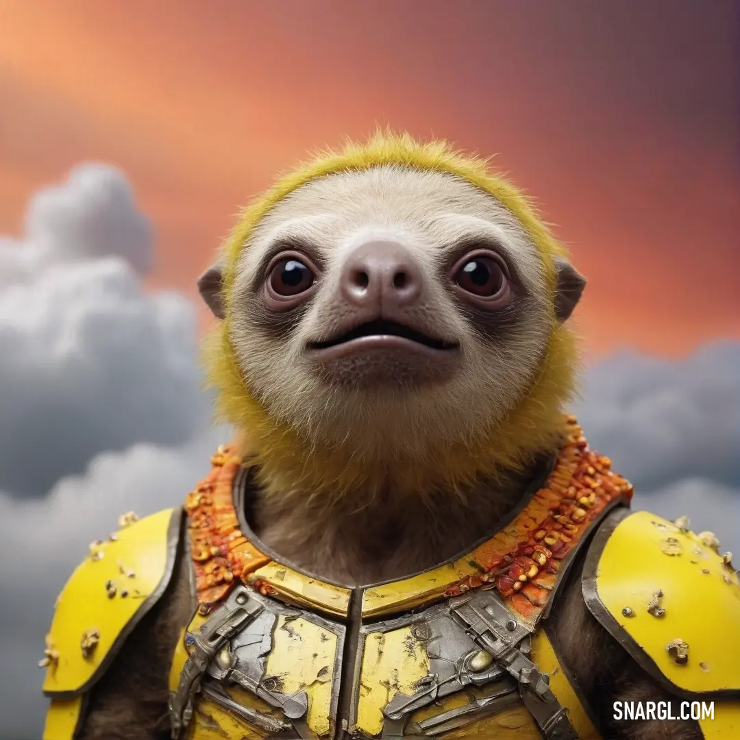 A brave sloth dressed in shiny armor gazes up at the camera, framed by a soft cloudy sky. This striking image captures the spirit of courage and adventure, suggesting a story of valor amidst a whimsical backdrop.