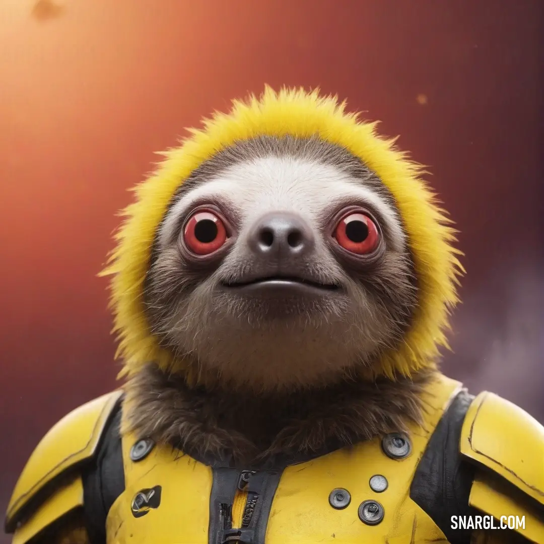 A playful sloth wears a stylish yellow jacket complete with a cozy hood, its inquisitive eyes radiating curiosity against a serene sky of soft, blended colors. The harmonious color palette evokes a sense of tranquility and charm.