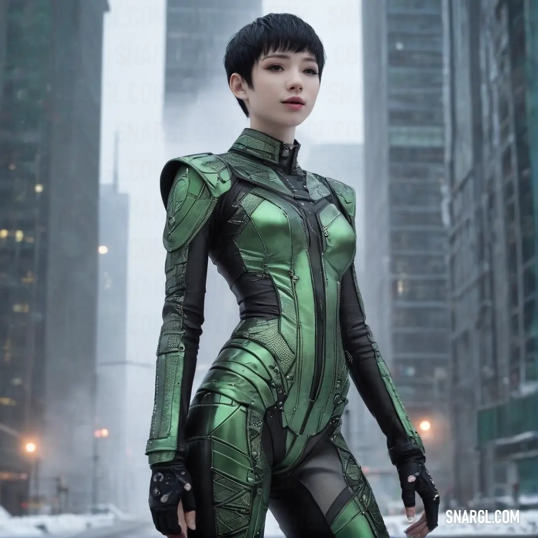 A woman clad in a futuristic suit stands poised in a snowy city street, with towering skyscrapers framing the scene. The contrast of her attire against the white snow creates a striking visual, embodying innovation and resilience in a modern landscape.