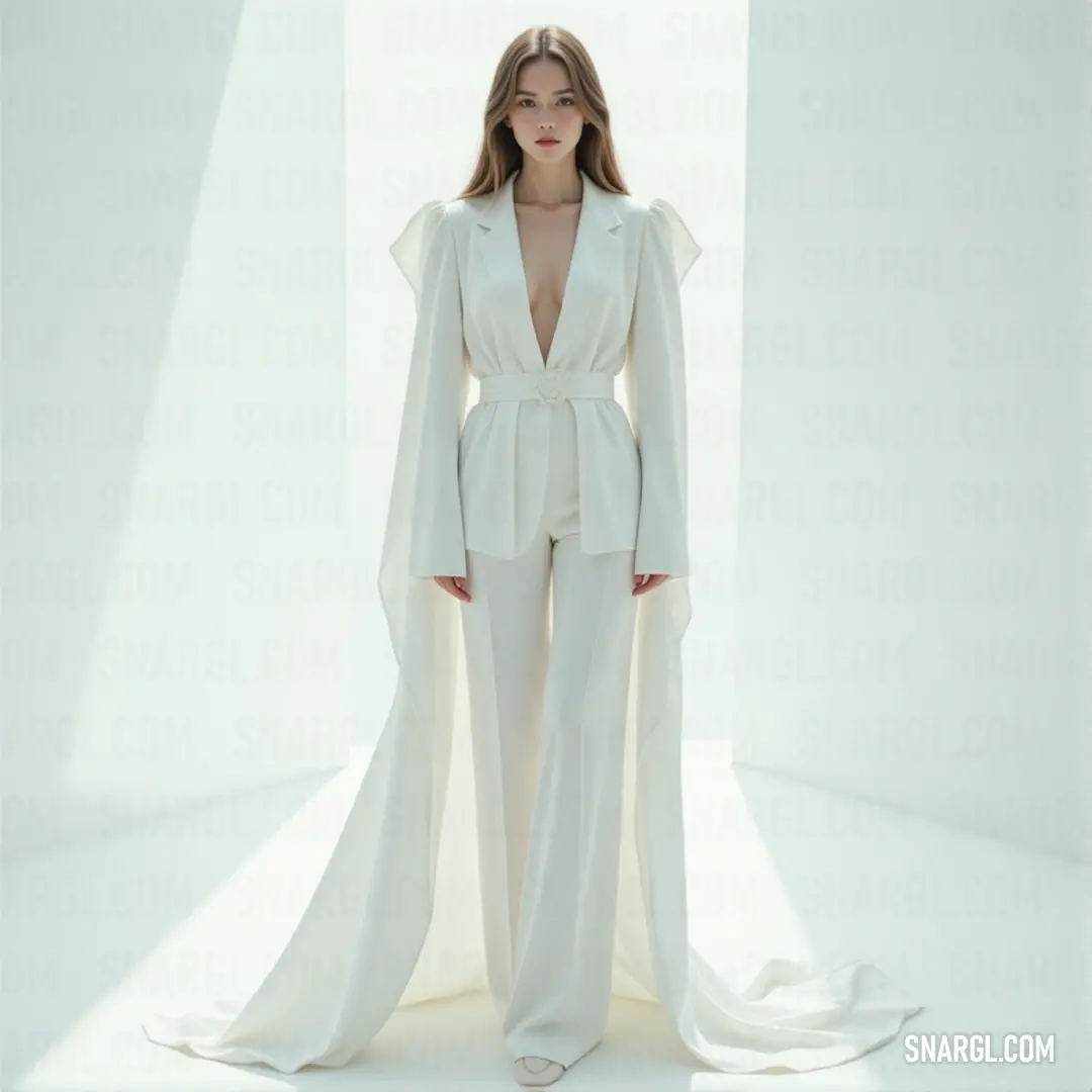 A poised woman elegantly dressed in a tailored white suit and flowing cape stands confidently in an immaculate, all-white room, radiating sophistication against a minimalist white backdrop. The subtle hue of PANTONE 2707 gives a serene touch to the scene.