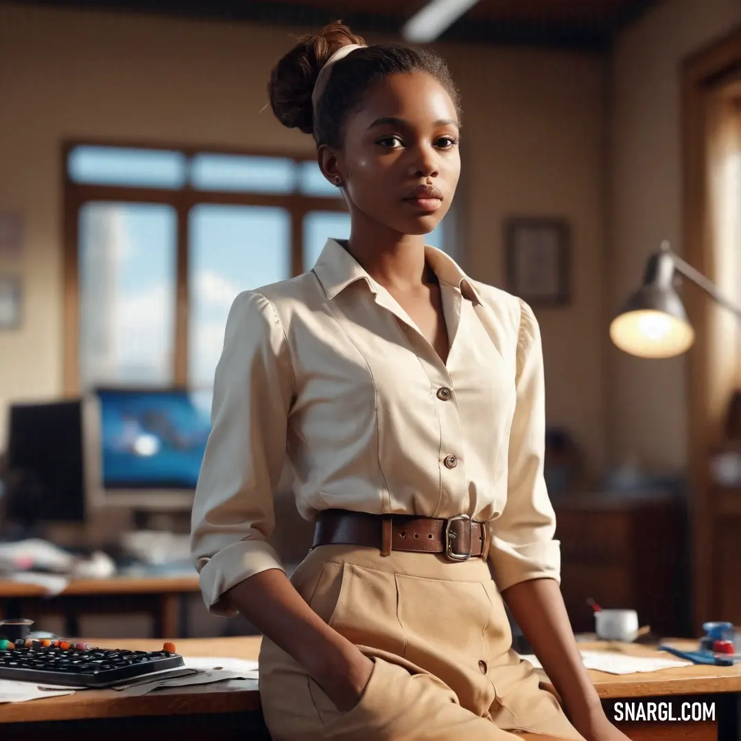 A woman seated at an elegant wooden desk adorned with a sleek computer and a matching keyboard, embodying a blend of modernity and comfort in her workspace. The room is bathed in serene tones, enhanced by the calming PANTONE 2707 color scheme.