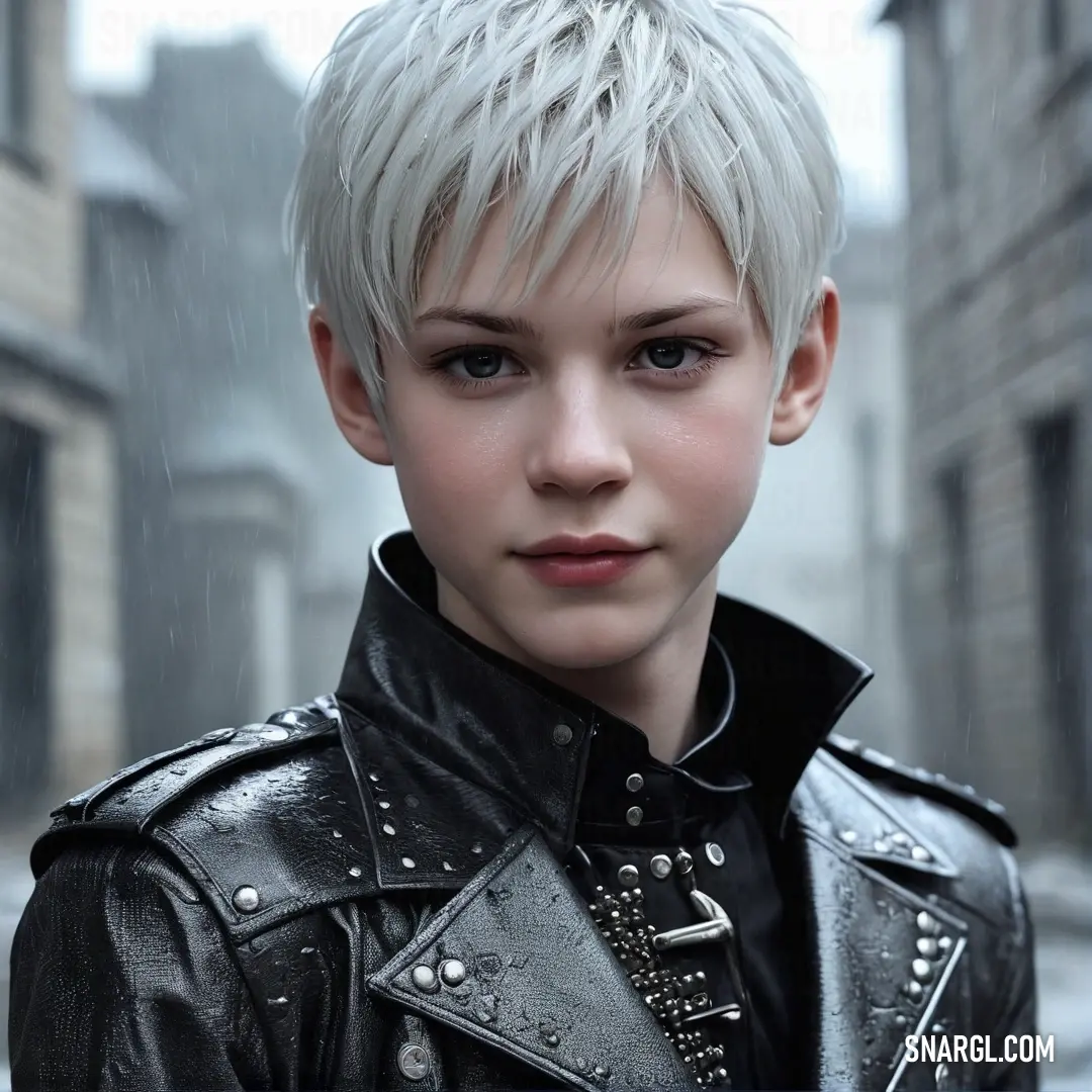 A woman with striking short white hair exudes confidence in her black leather jacket, paired with a studded collared shirt. The background hints at urban life, encapsulating a bold fashion statement and a vibrant personality ready to take on the world.