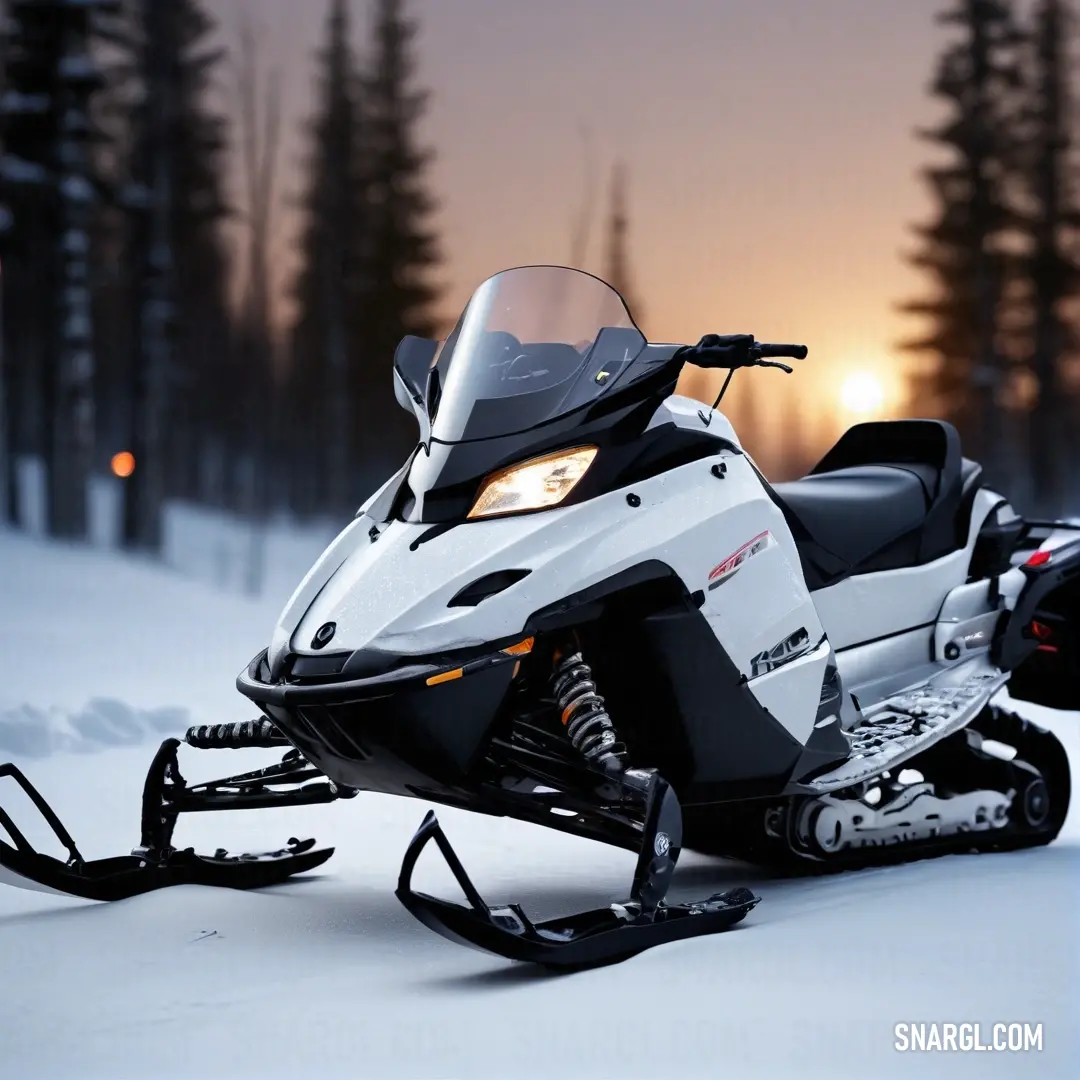 A pristine white snowmobile parked on a snow-covered landscape, bathed in the warm golden glow of a setting sun. Tall trees line the horizon, their silhouettes softened by the fading light. The snow's texture contrasts with the sleek design of the snowmob