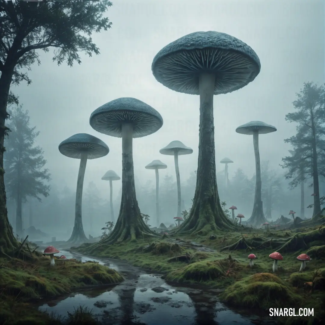 Group of mushrooms in a forest with a stream running through it and trees in the background with moss growing on the ground