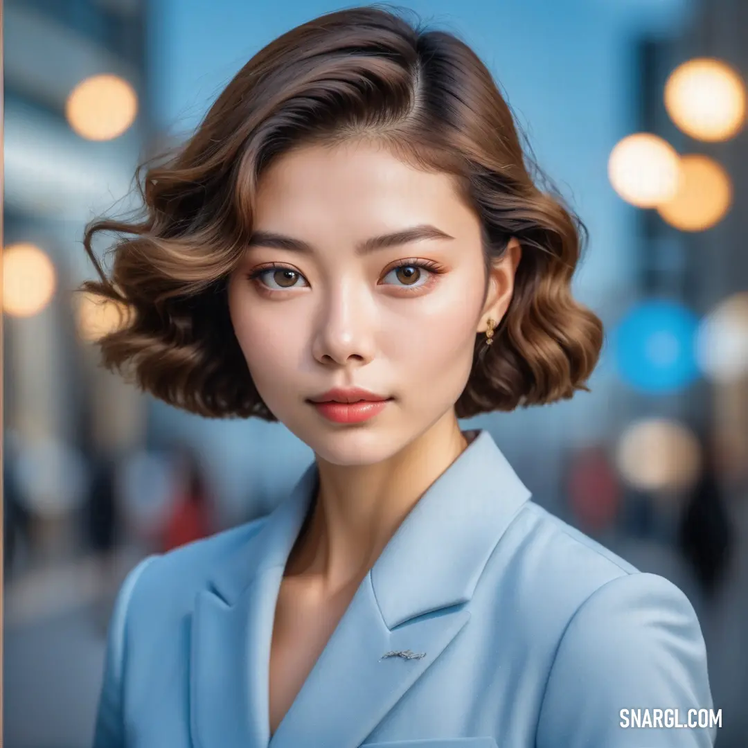 Woman with a short haircut and a blue suit on a city street with lights in the background. Color PANTONE 2708.