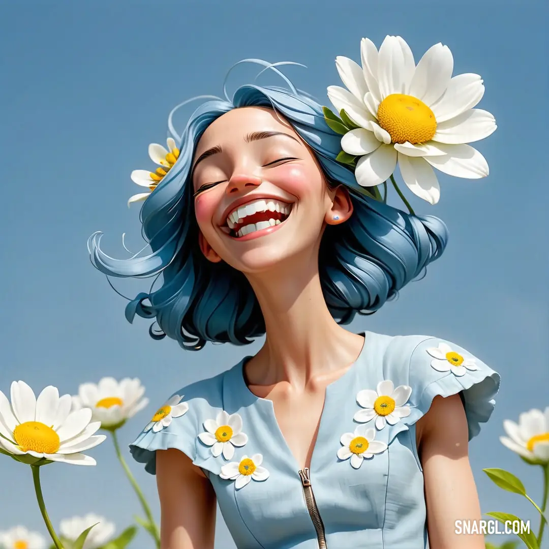#B6C8E4 color. Woman with blue hair and a flower in her hair smiles at the camera while standing among daisies