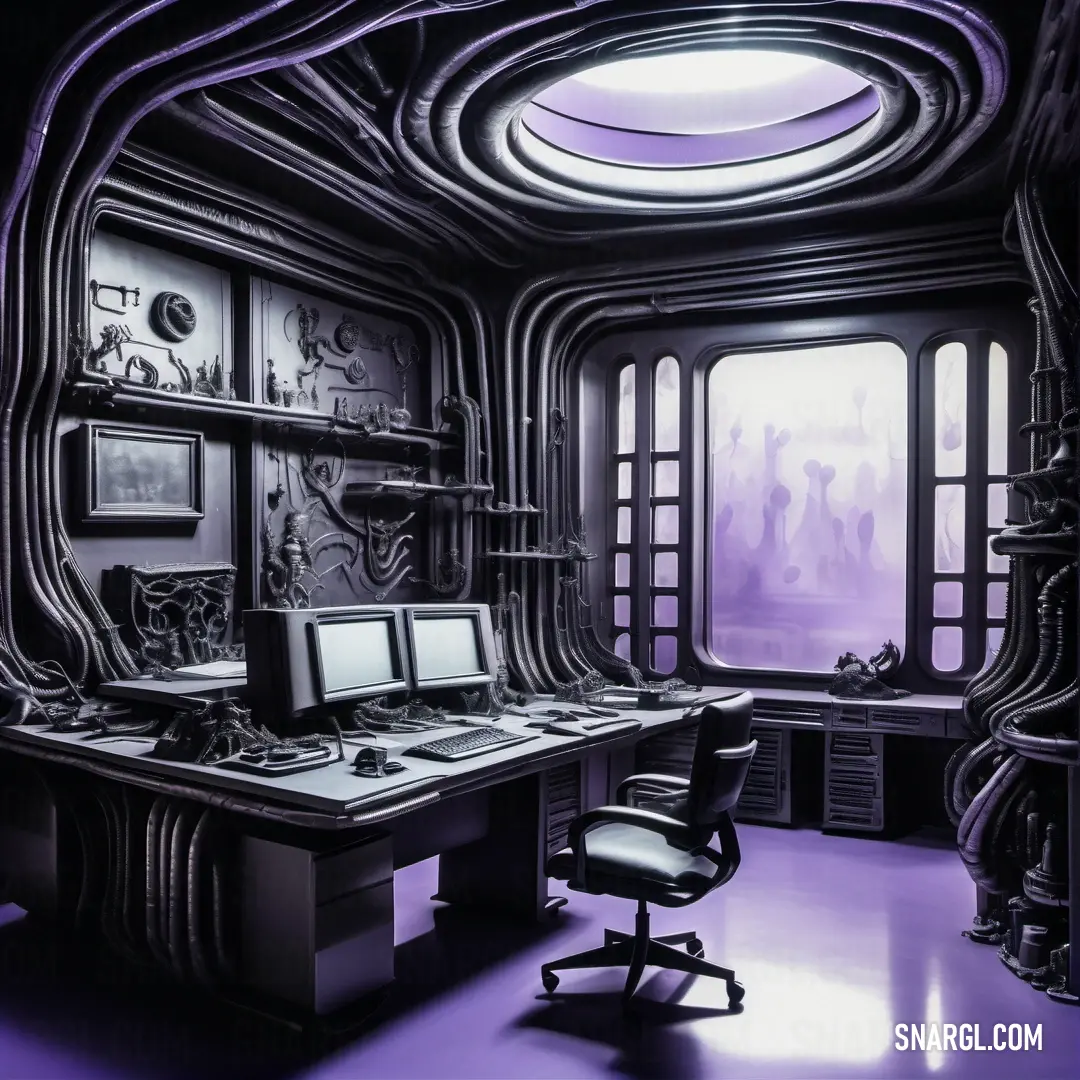 Computer desk in a room with a purple ceiling and a window above it and a chair in front of it. Example of #8381BA color.