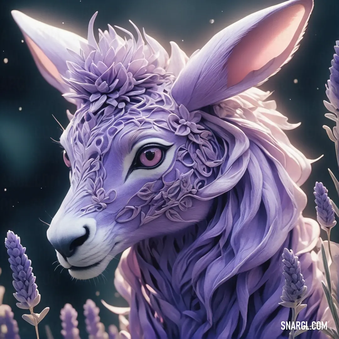 Painting of a purple goat in a field of lavender flowers with a dark background. Example of CMYK 56,52,0,0 color.