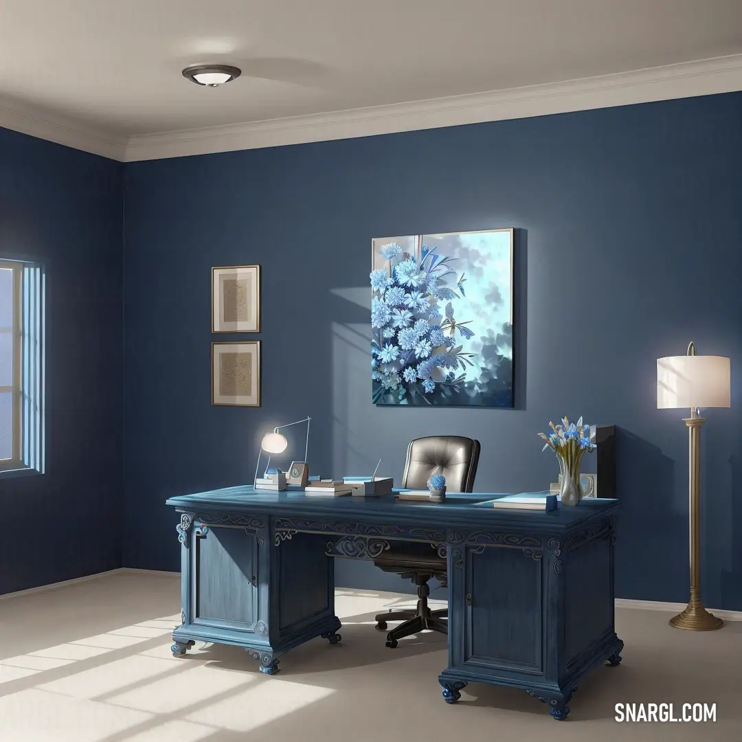 Blue office with a blue desk and a blue chair and a painting on the wall above it and a lamp on the floor. Color #9CABD4.