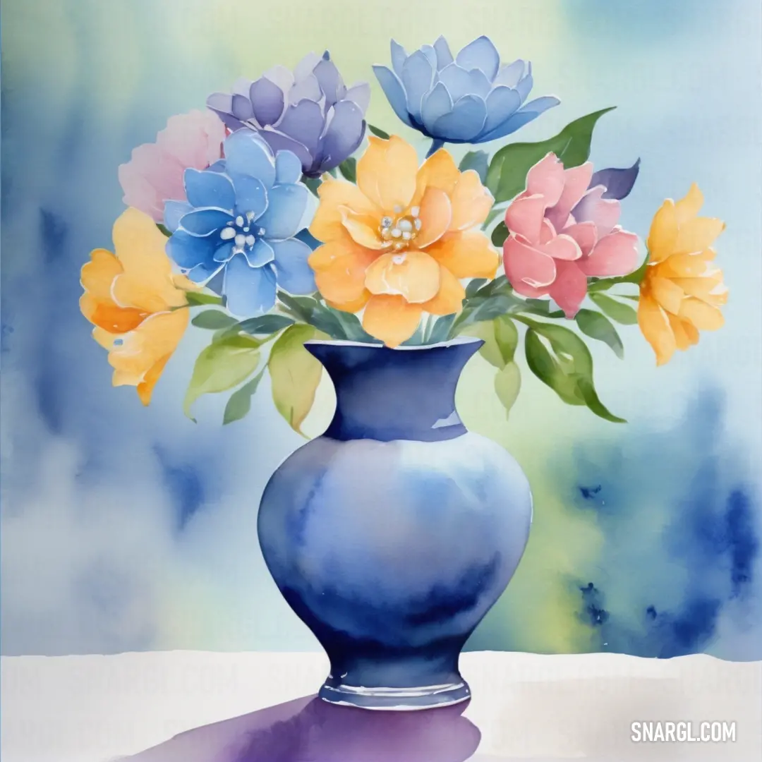 Painting of a blue vase with flowers in it on a table top with a blue background. Color CMYK 40,29,0,0.