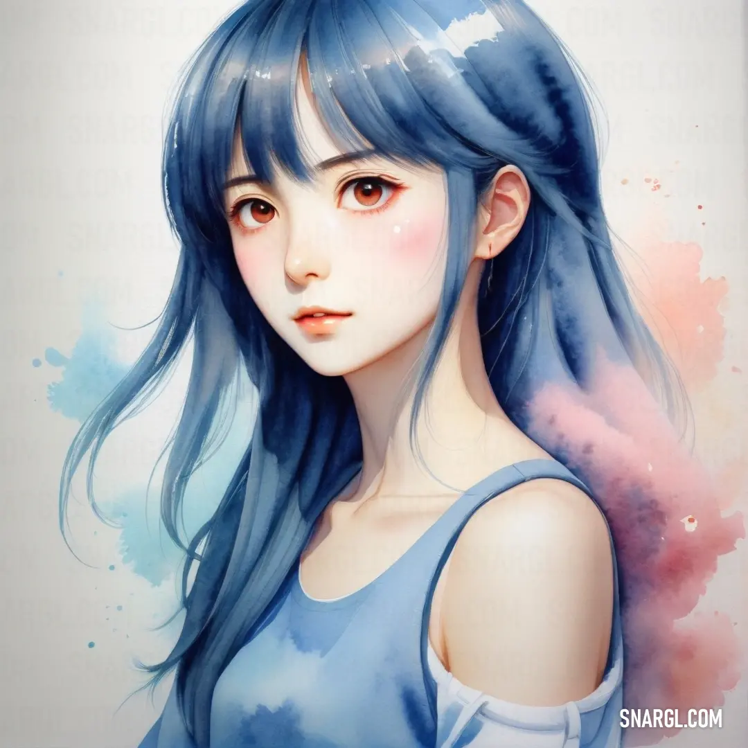 Painting of a girl with blue hair and blue eyes and a blue dress with a blue top on. Example of PANTONE 2716 color.