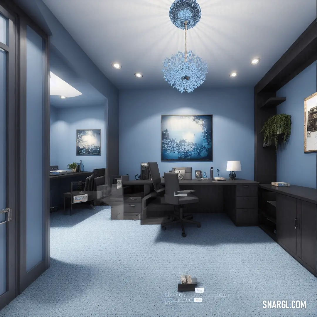 Room with a blue carpet and a blue ceiling and a chandelier hanging from the ceiling and a blue carpeted floor