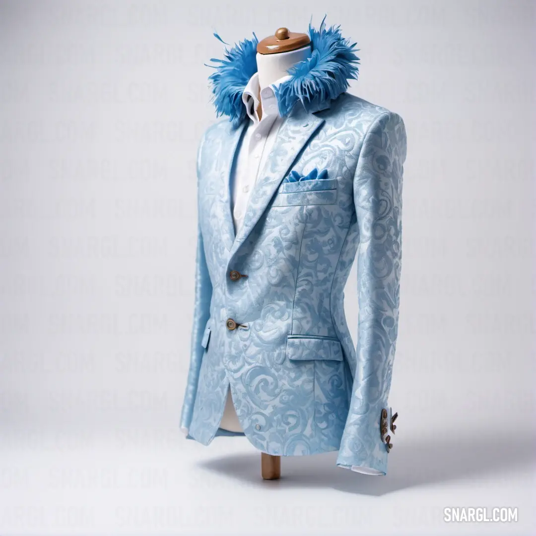 Blue suit with a white shirt and blue feathers on it and a white shirt and tie on a mannequin. Color #ABC1E1.