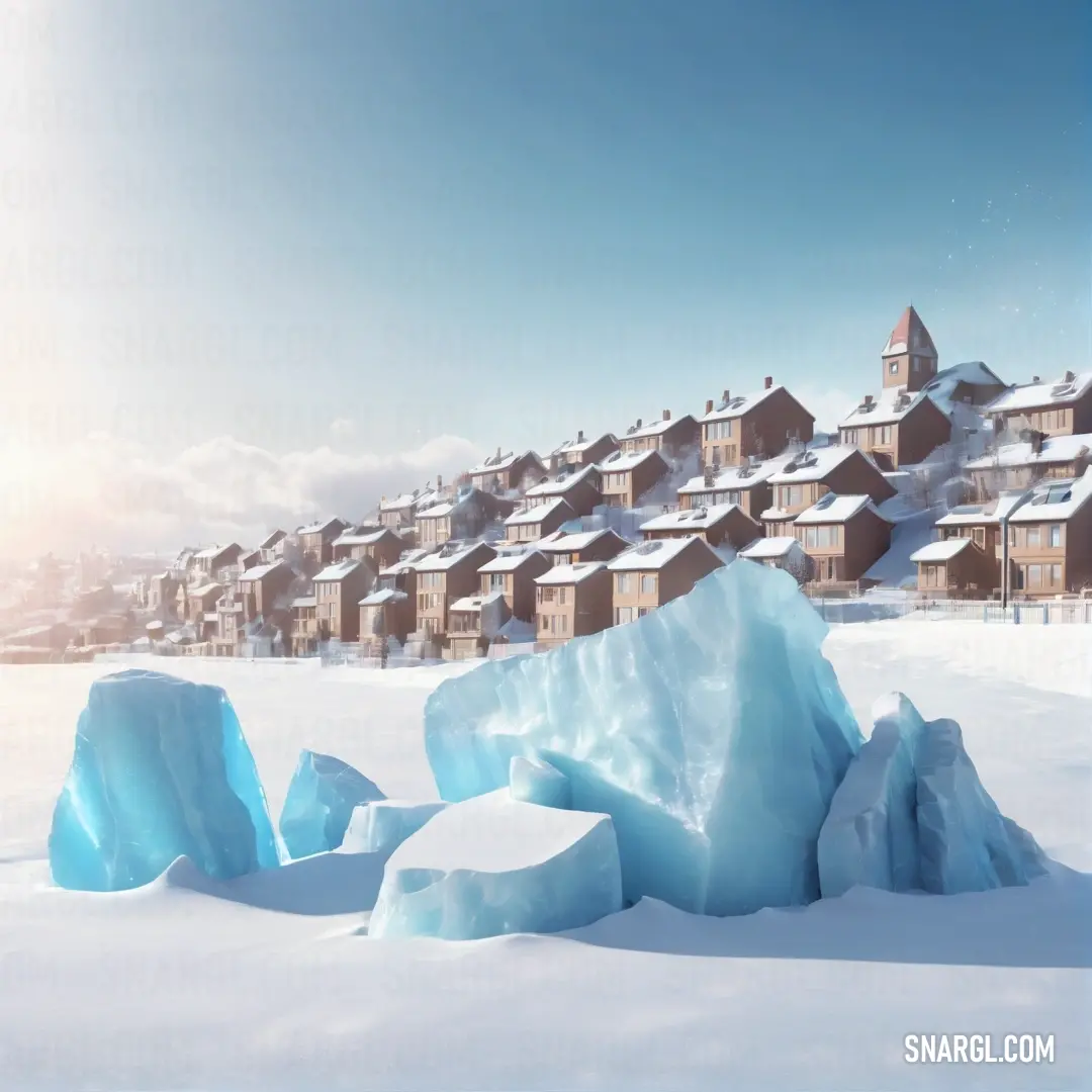 Large iceberg in the middle of a snowy field with houses in the background. Color RGB 171,193,225.