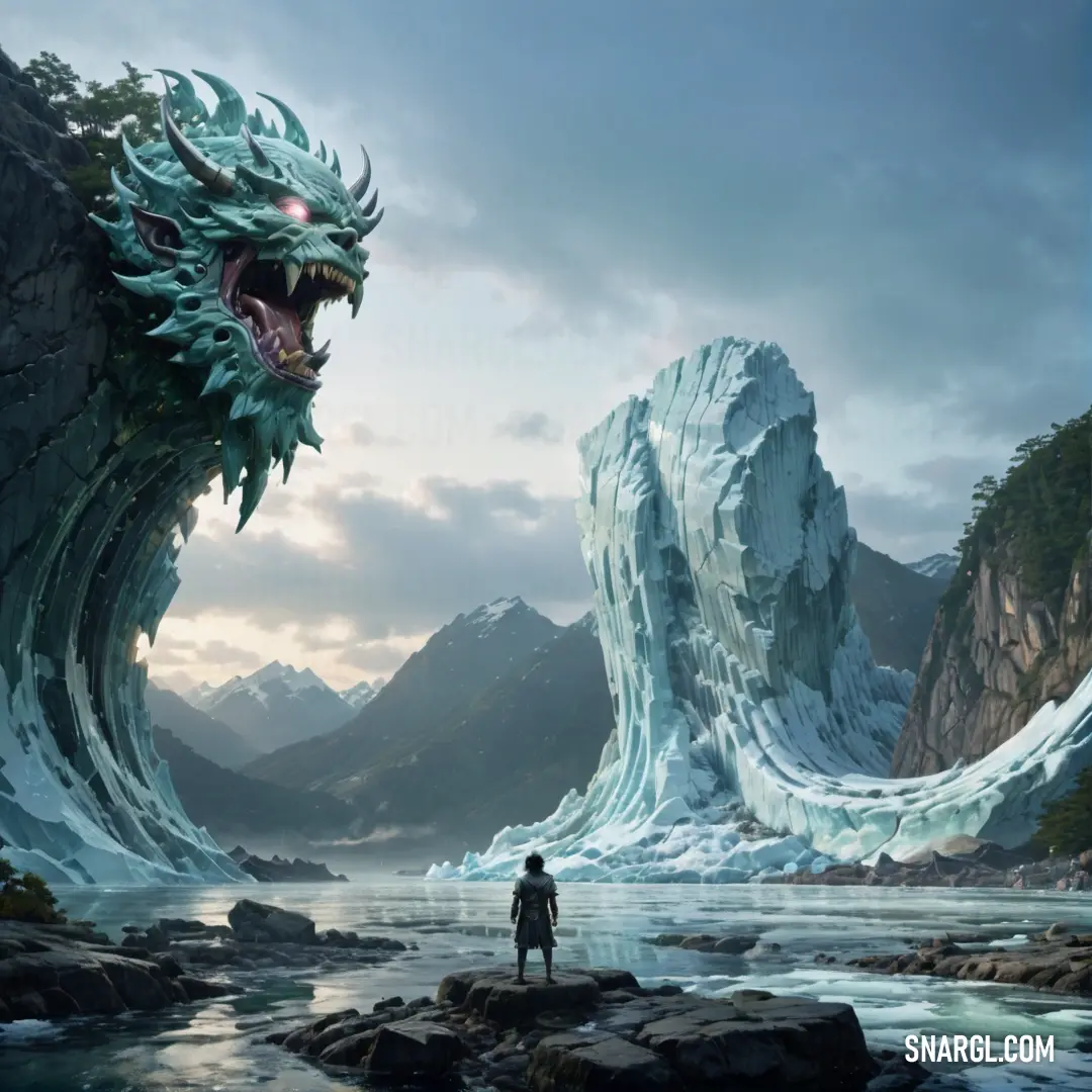 Man standing in front of a giant ice dragon next to a mountain lake with a man standing on it. Example of RGB 171,193,225 color.