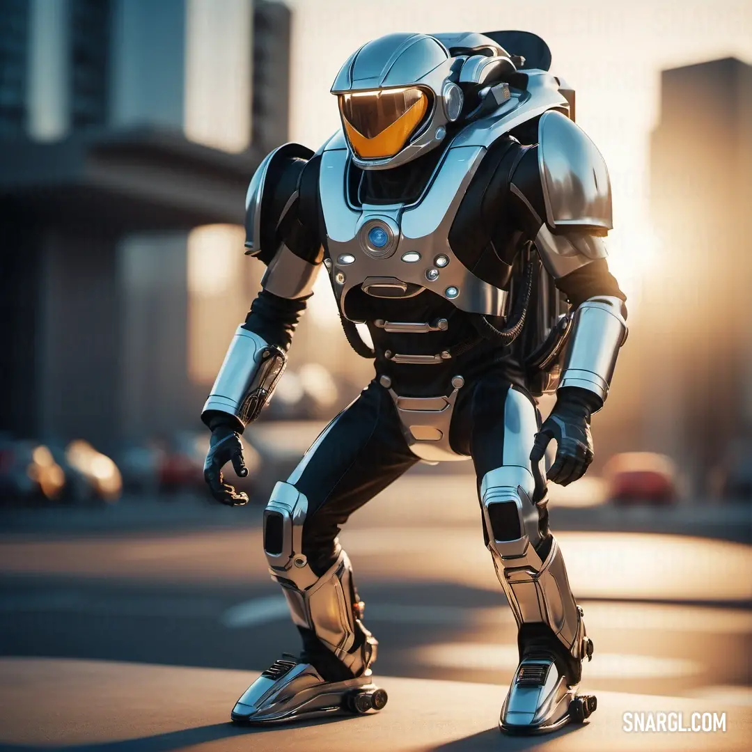 Robot is skating on a city street in a futuristic suit with a helmet and goggles on his face. Color RGB 171,193,225.
