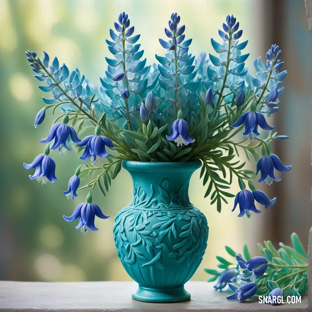 Blue vase with blue flowers in it on a table next to a window sill. Example of PANTONE 2718 color.