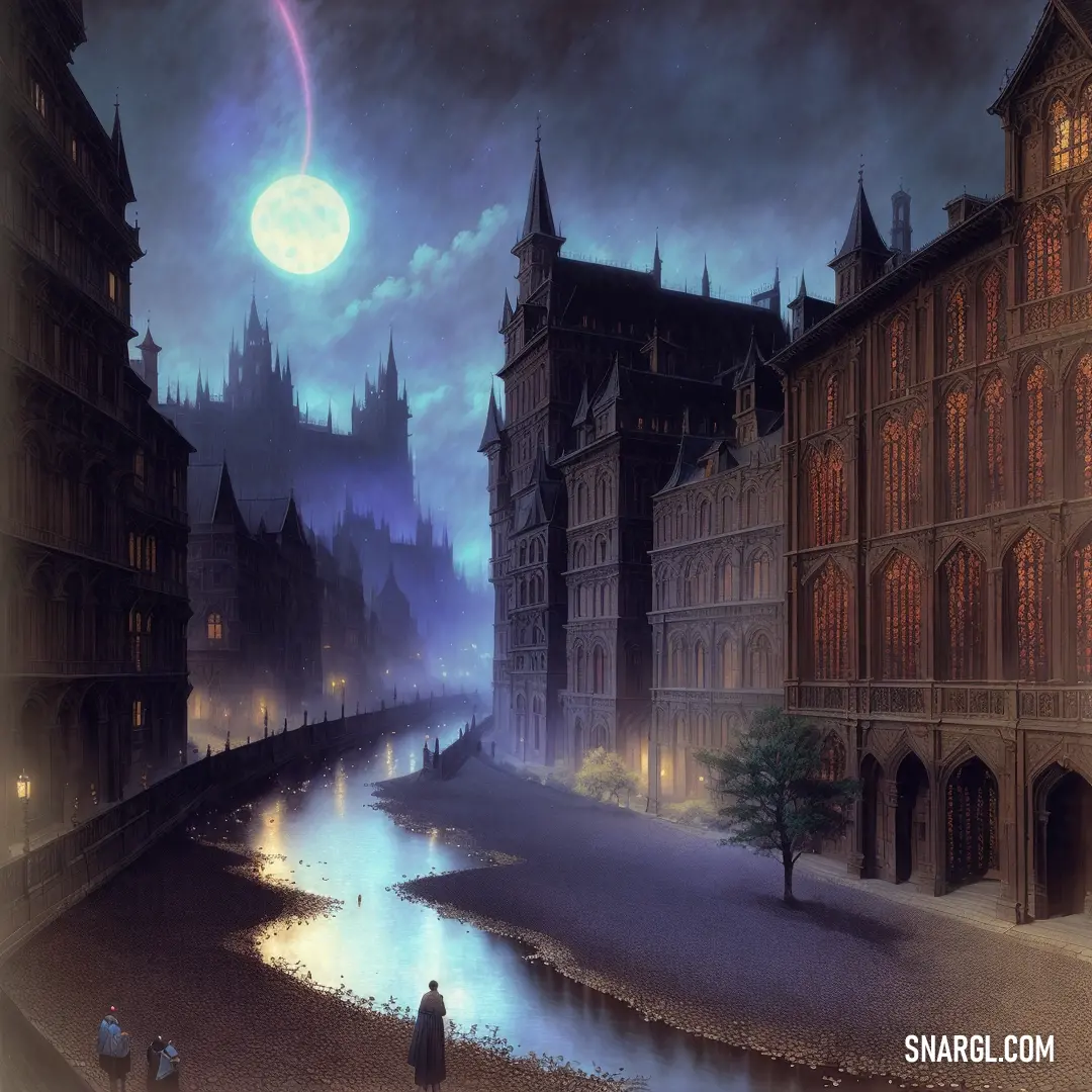 Painting of a city with a river and a person walking on the sidewalk in front of a building. Color #7A79B3.
