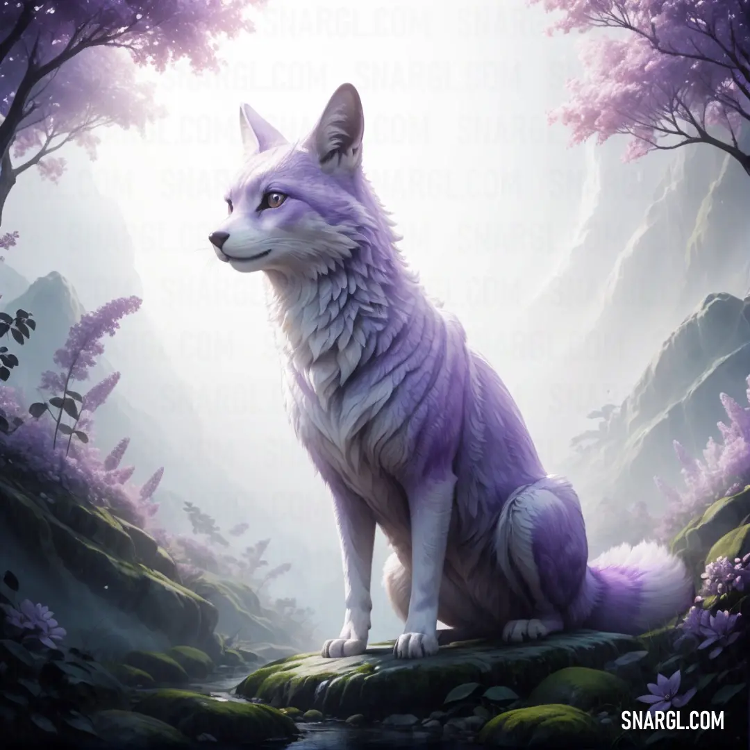 Painting of a wolf in a forest with purple flowers and trees around it. Color RGB 122,121,179.