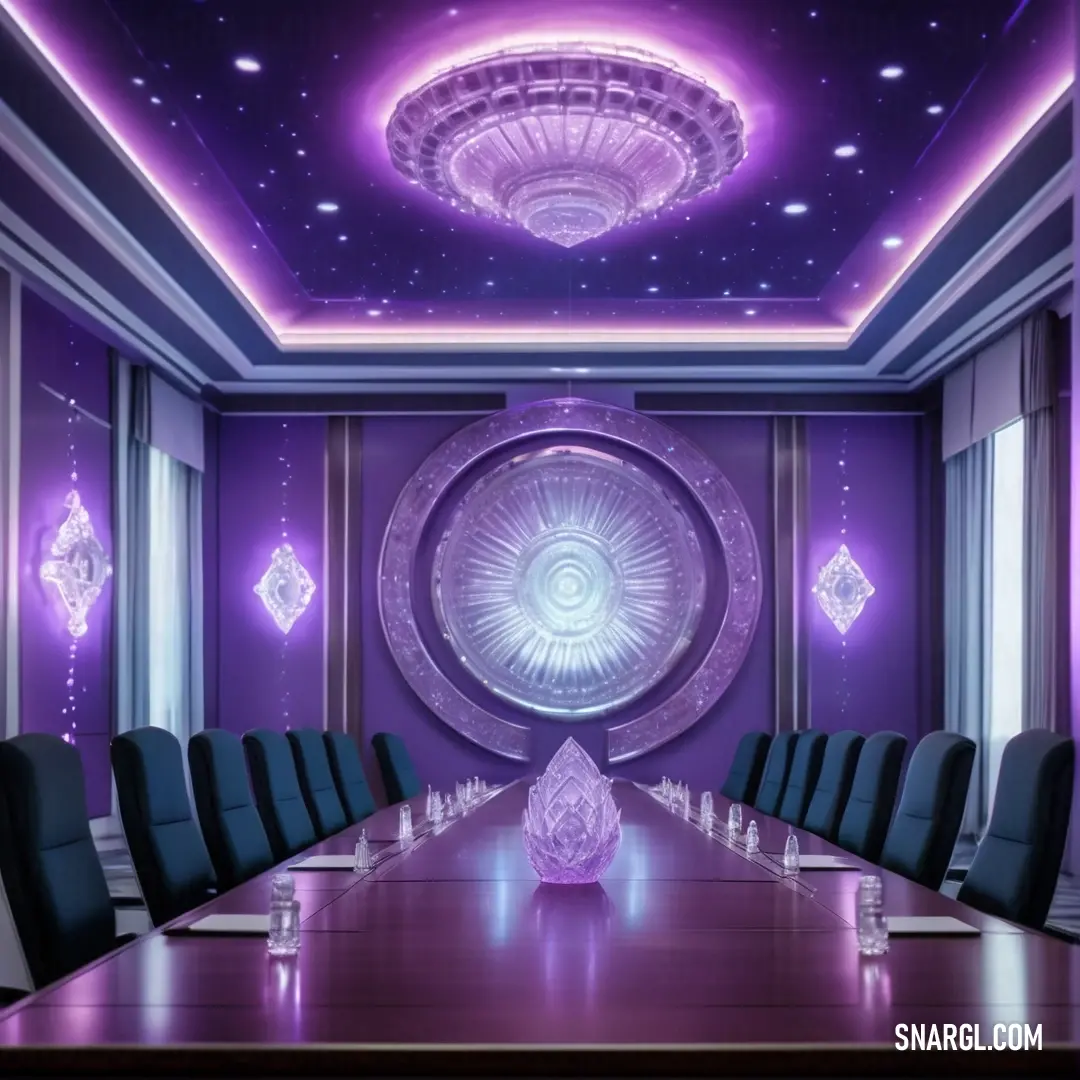 PANTONE 2725 color example: Conference room with a large table and chairs in front of a purple wall with a circular light fixture