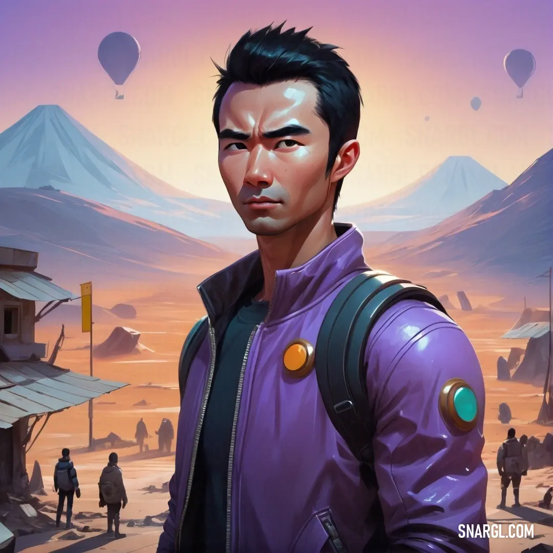 Man in a purple jacket standing in front of a mountain range with hot air balloons in the sky. Example of #63599E color.