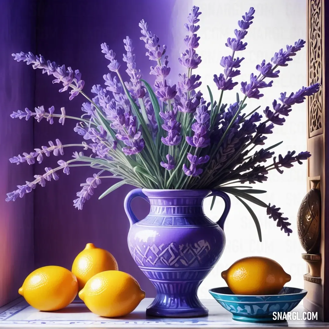 Vase with lavender flowers and lemons on a table next to a bowl of lemons and a vase with lavender flowers. Example of PANTONE 2725 color.