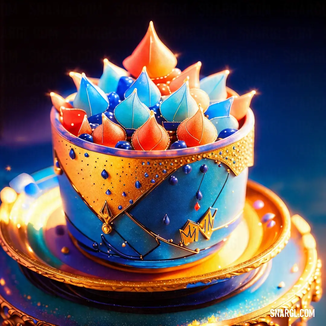 Blue and yellow cake with umbrellas on top of it on a plate with a gold rim and a blue background. Example of PANTONE 2726 color.