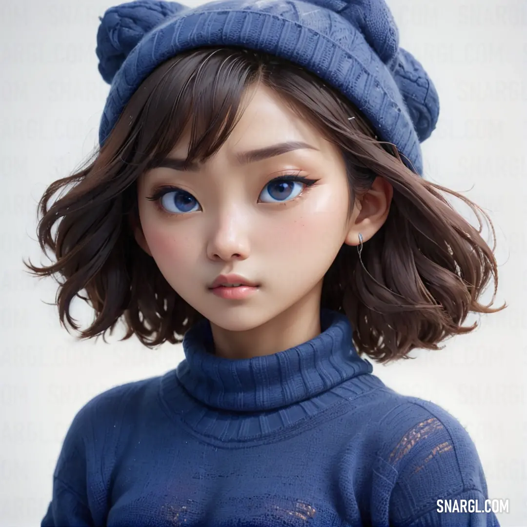 Doll with a blue hat and a blue sweater on it's head and a blue sweater on her head. Color RGB 81,102,171.