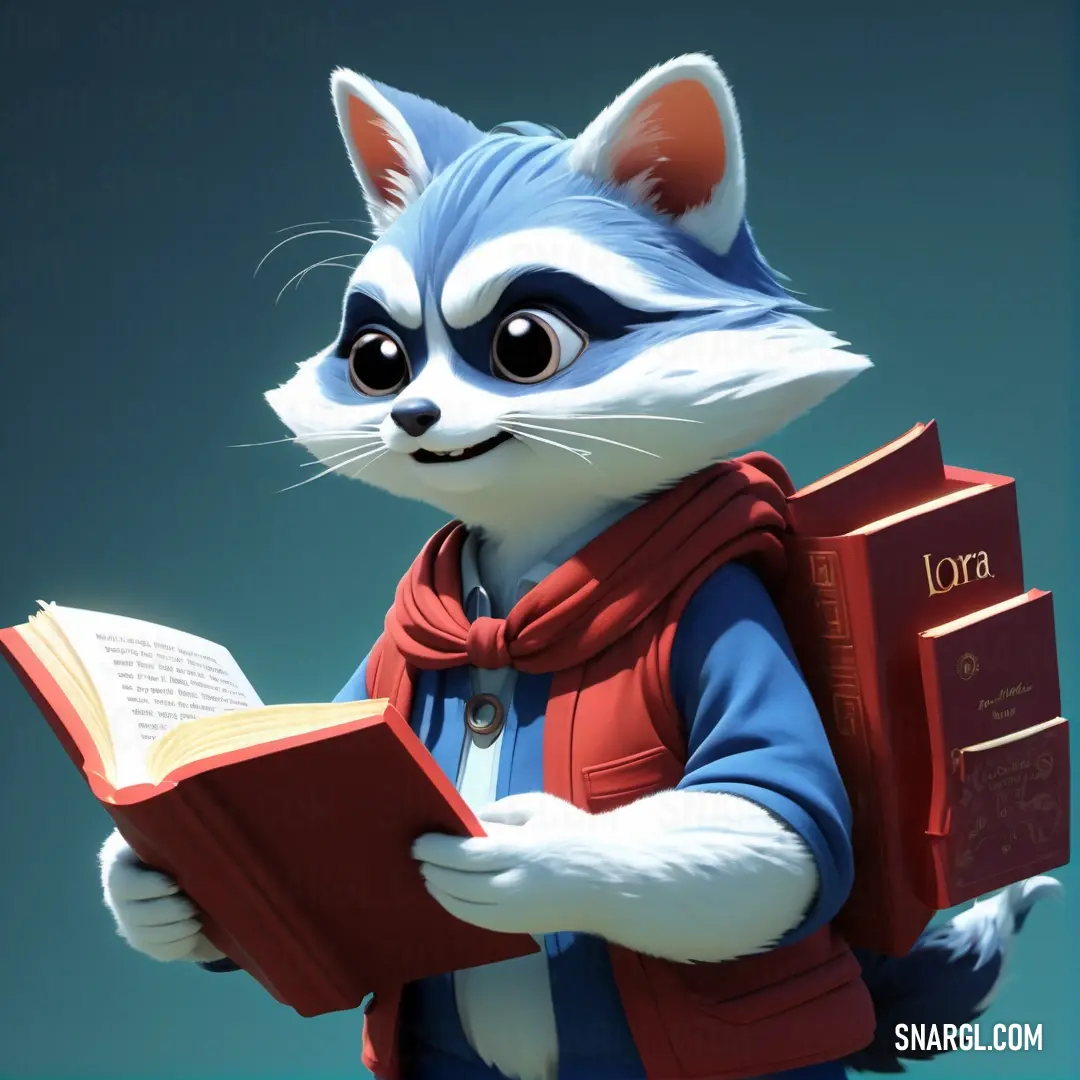 PANTONE 2727 color. Cartoon raccoon holding a book and wearing a red scarf and vest, with a blue background