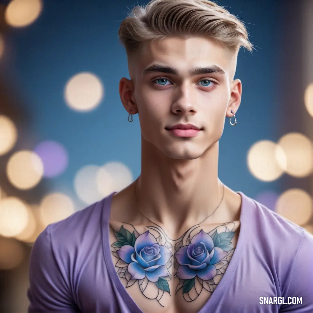Man with a tattoo on his chest and a rose on his chest and a blue shirt on his chest. Color CMYK 70,47,0,0.