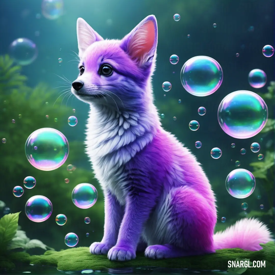 Painting of a purple fox on a branch with bubbles in the air and a forest in the background. Example of #6582BE color.