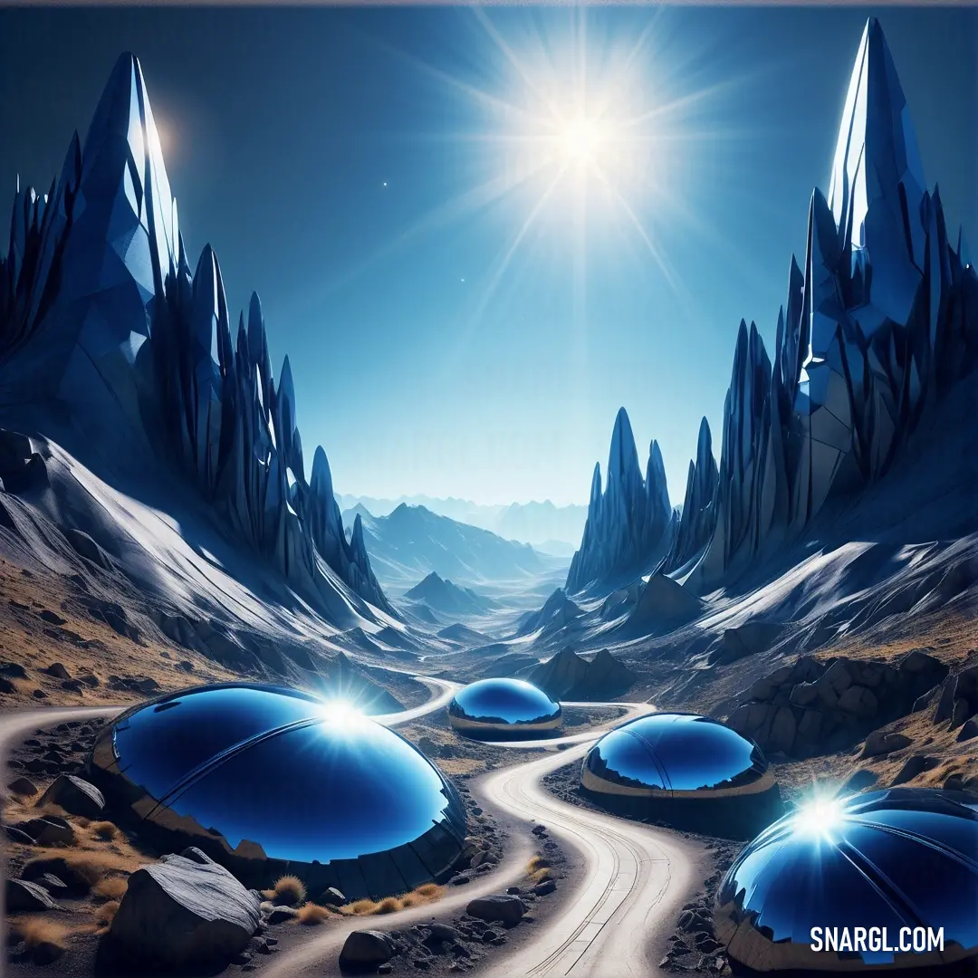 Computer generated image of a road surrounded by mountains and rocks with blue umbrellas on them. Example of CMYK 90,68,0,0 color.