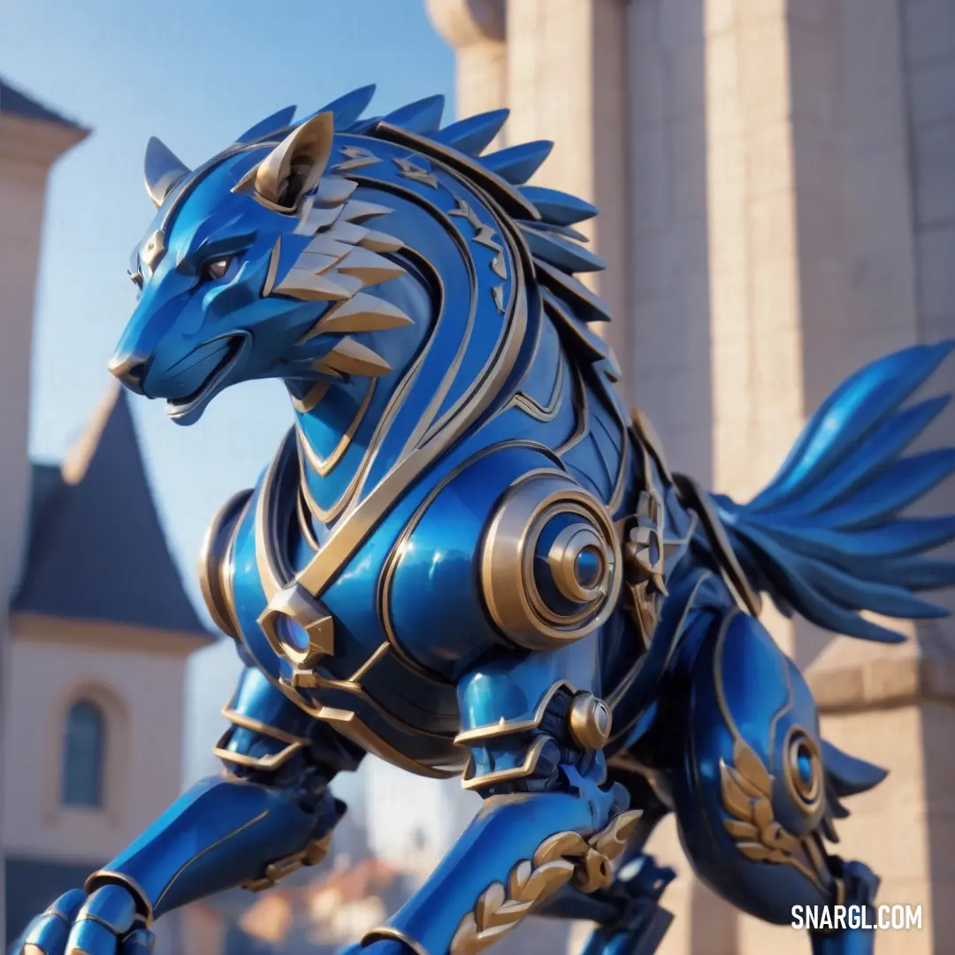 Statue of a blue dragon in front of a castle like building with a clock tower in the background. Example of PANTONE 2728 color.